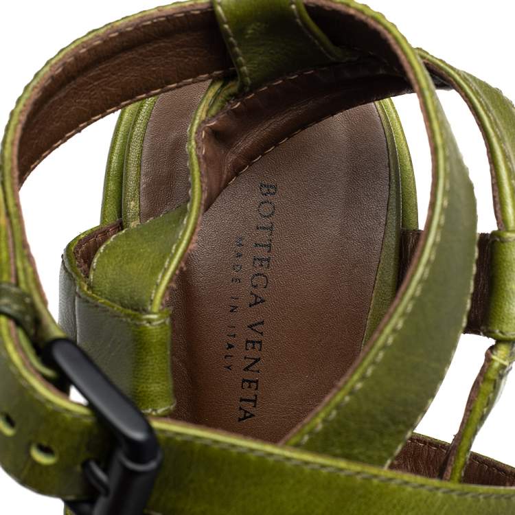 Pre Owned Bottega Veneta Green Intrecciato And Leather Wedge Sandals Size 38