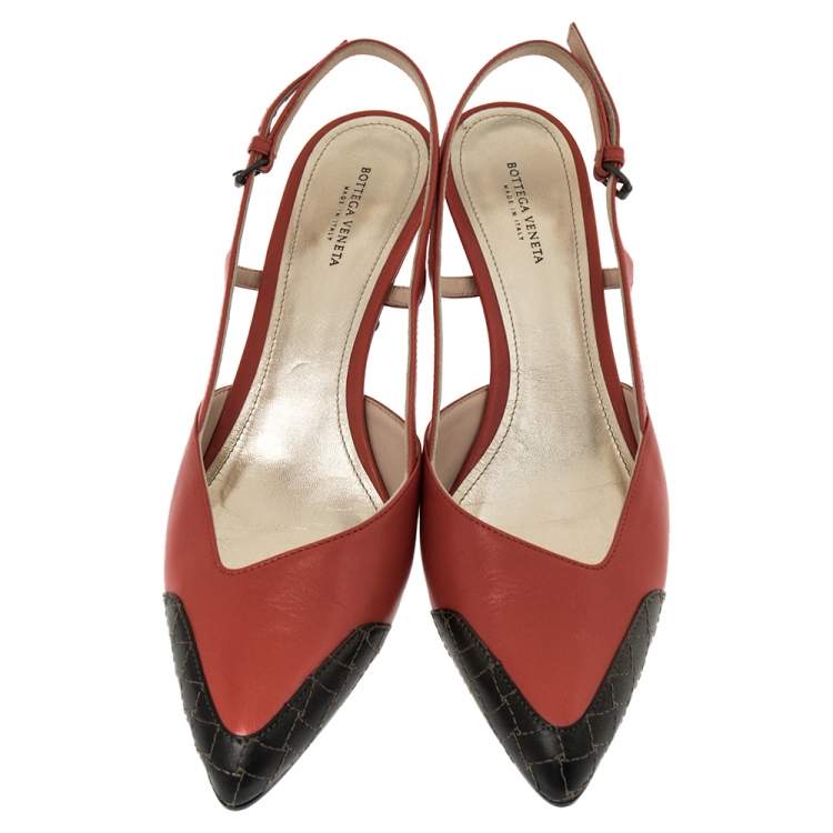 Pre Owned Bottega Veneta Orange/Metallic Intrecciato Leather Cut Out Slingback Sandals Size 40
