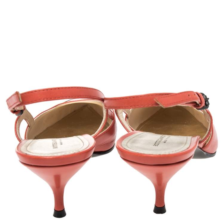 Pre Owned Bottega Veneta Orange/Metallic Intrecciato Leather Cut Out Slingback Sandals Size 40