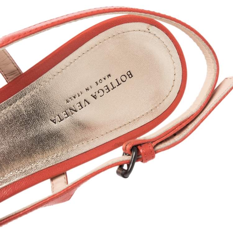 Pre Owned Bottega Veneta Orange/Metallic Intrecciato Leather Cut Out Slingback Sandals Size 40