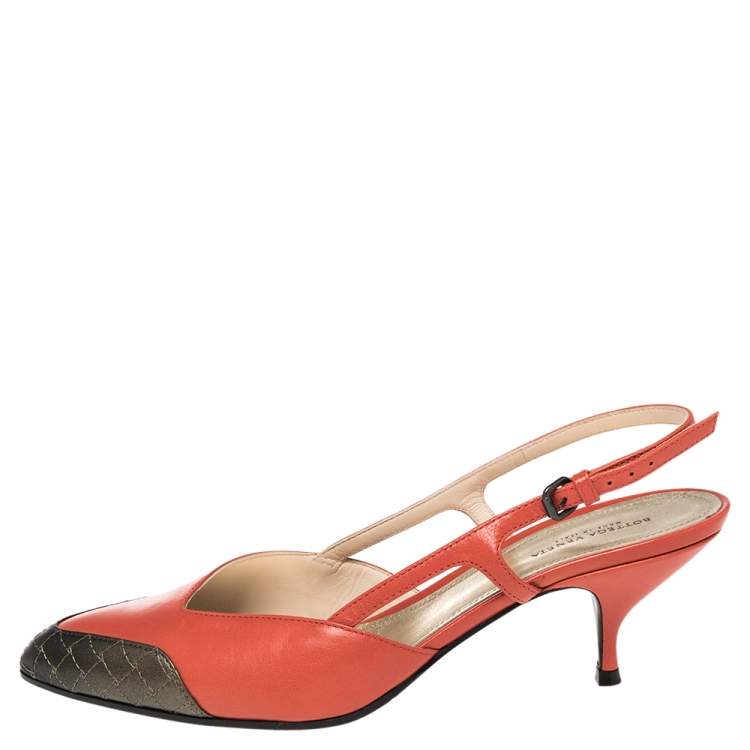 Pre Owned Bottega Veneta Orange/Metallic Intrecciato Leather Cut Out Slingback Sandals Size 40