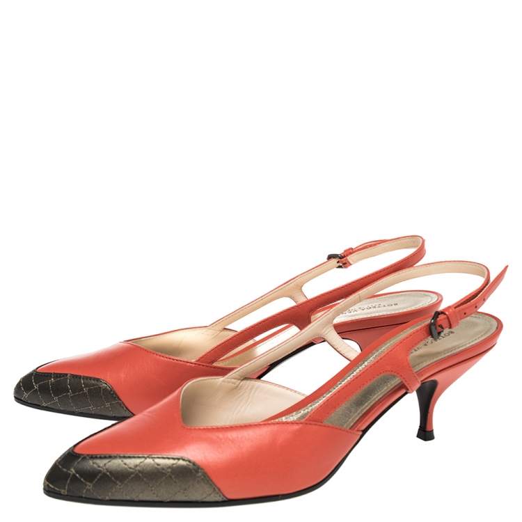 Pre Owned Bottega Veneta Orange/Metallic Intrecciato Leather Cut Out Slingback Sandals Size 40