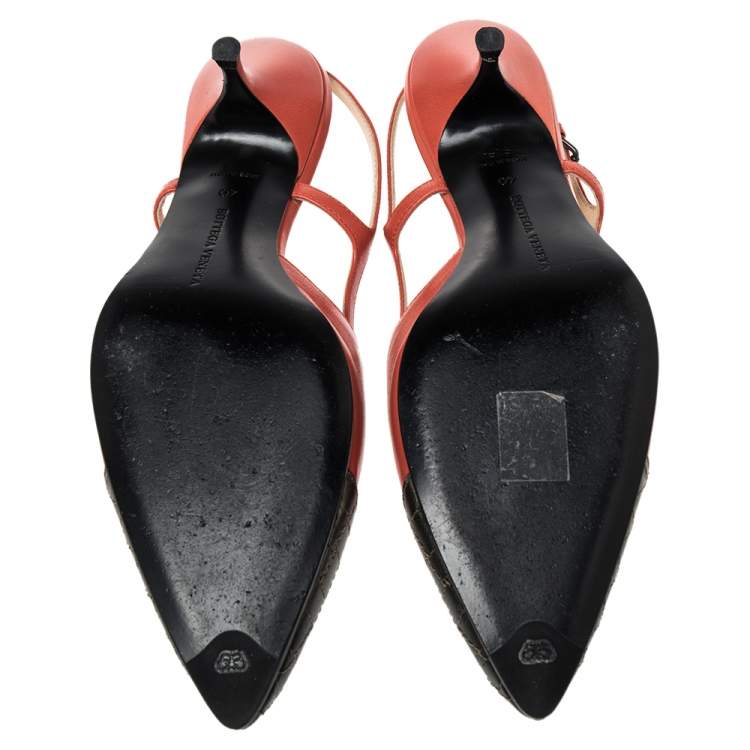 Pre Owned Bottega Veneta Orange/Metallic Intrecciato Leather Cut Out Slingback Sandals Size 40