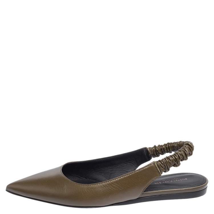 Pre Owned Bottega Veneta Olive Green Leather Slingback Pointed Toe Flat Pumps Size 37