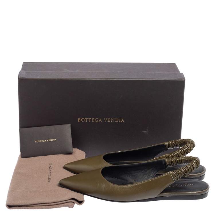 Pre Owned Bottega Veneta Olive Green Leather Slingback Pointed Toe Flat Pumps Size 37