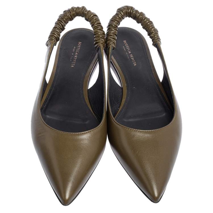 Pre Owned Bottega Veneta Olive Green Leather Slingback Pointed Toe Flat Pumps Size 37