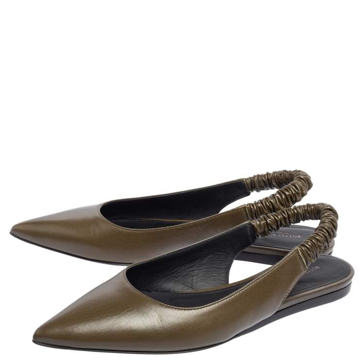Pre Owned Bottega Veneta Olive Green Leather Slingback Pointed Toe Flat Pumps Size 37