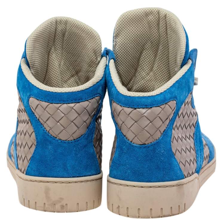 Pre Owned Bottega Veneta Blue/Grey Suede And Intrecciato Leather High Top Lace Up Sneakers Size 42