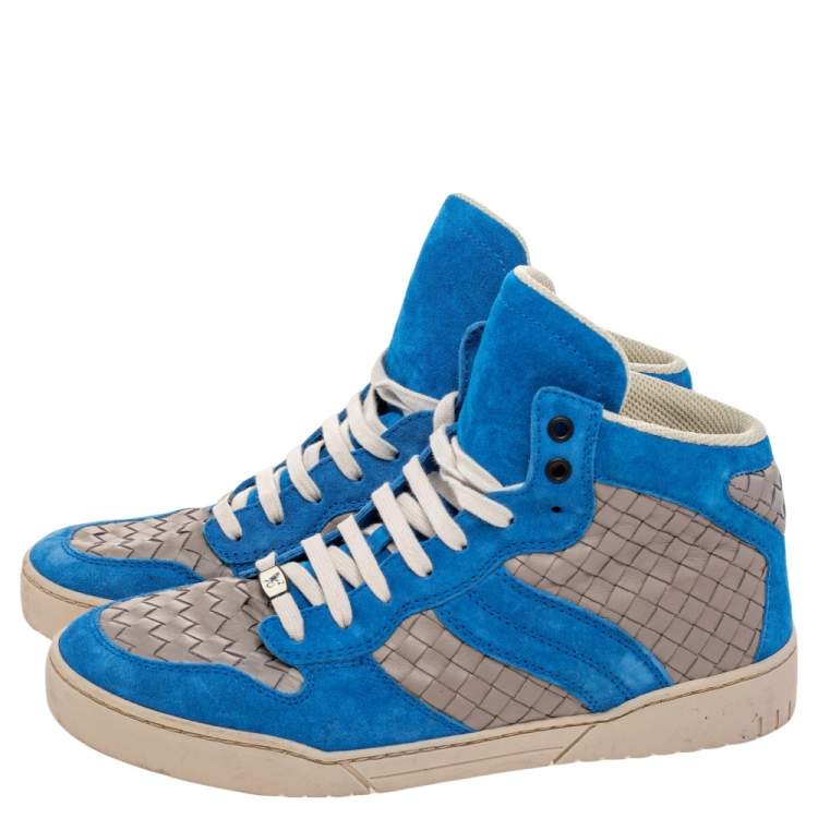 Pre Owned Bottega Veneta Blue/Grey Suede And Intrecciato Leather High Top Lace Up Sneakers Size 42