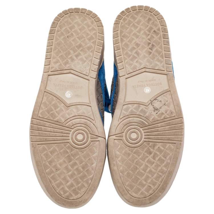 Pre Owned Bottega Veneta Blue/Grey Suede And Intrecciato Leather High Top Lace Up Sneakers Size 42