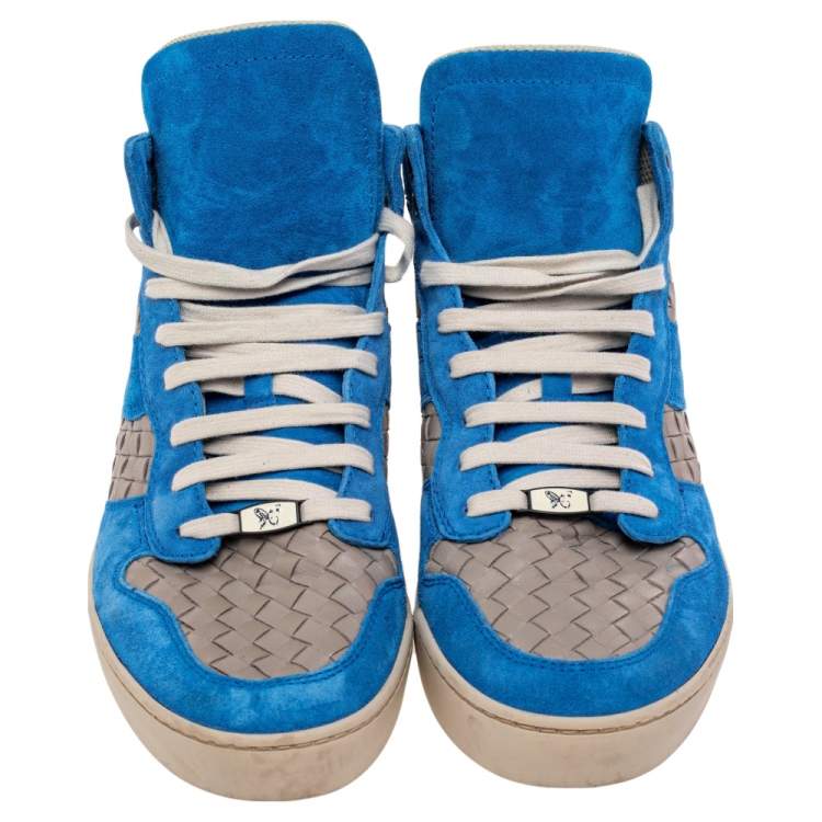 Pre Owned Bottega Veneta Blue/Grey Suede And Intrecciato Leather High Top Lace Up Sneakers Size 42
