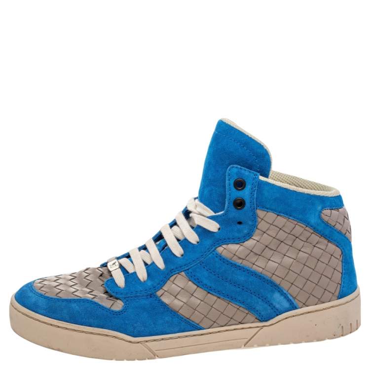 Pre Owned Bottega Veneta Blue/Grey Suede And Intrecciato Leather High Top Lace Up Sneakers Size 42