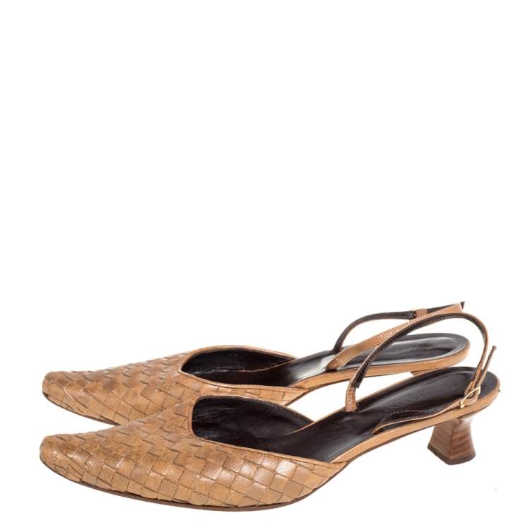 Pre Owned Bottega Veneta Brown Intrecciato Leather Slingback Sandals Size 39.5