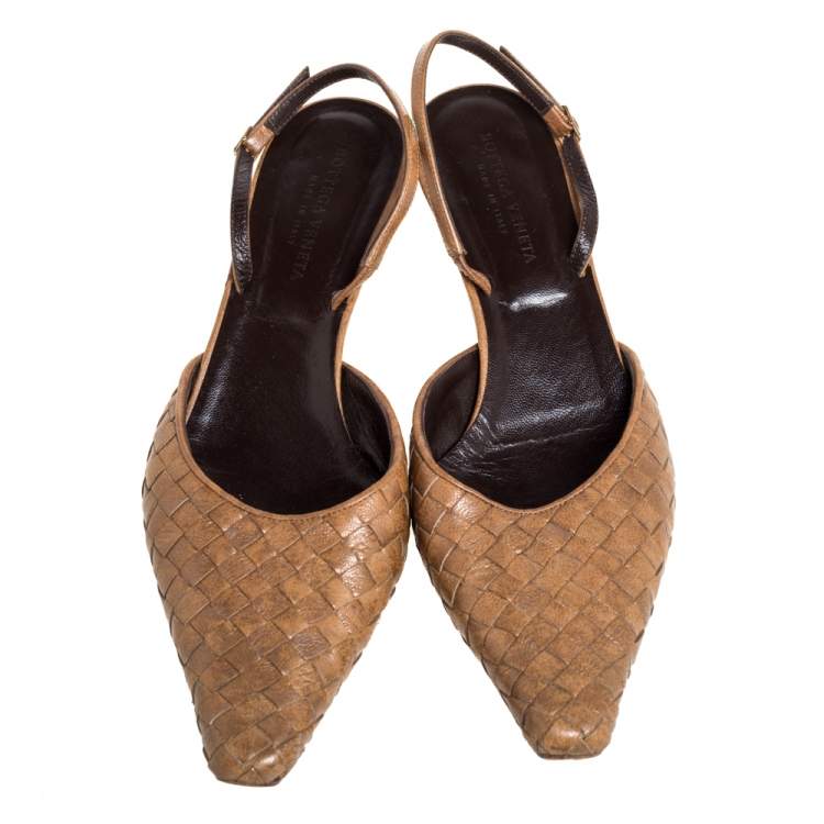 Pre Owned Bottega Veneta Brown Intrecciato Leather Slingback Sandals Size 39.5