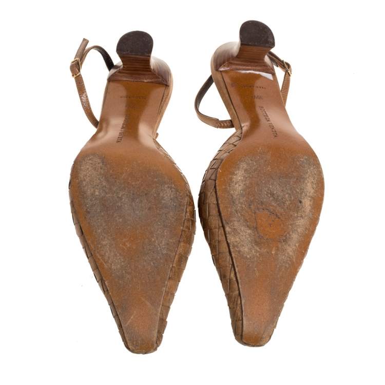 Pre Owned Bottega Veneta Brown Intrecciato Leather Slingback Sandals Size 39.5