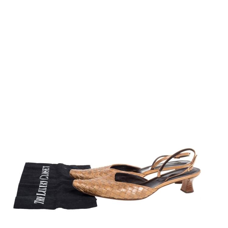 Pre Owned Bottega Veneta Brown Intrecciato Leather Slingback Sandals Size 39.5
