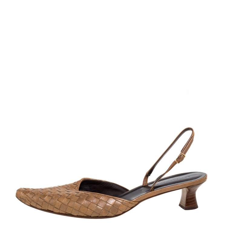 Pre Owned Bottega Veneta Brown Intrecciato Leather Slingback Sandals Size 39.5