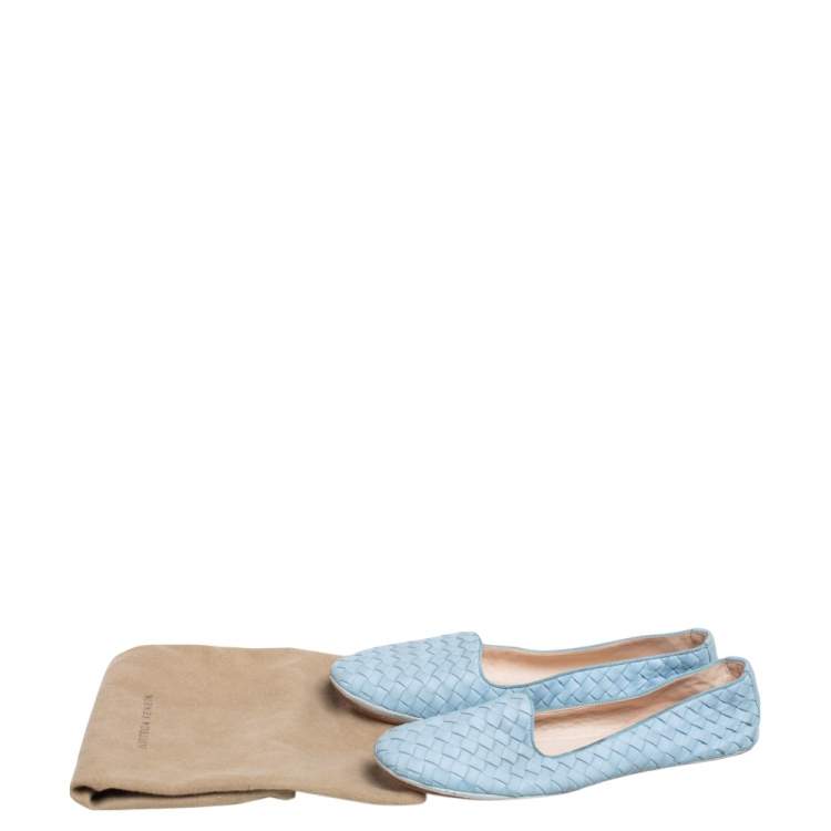 Pre Owned Bottega Veneta Blue Intrecciato Leather Smoking Flats Size 41