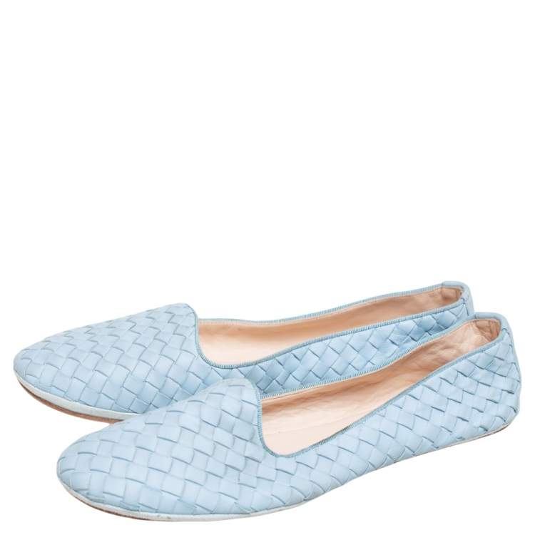Pre Owned Bottega Veneta Blue Intrecciato Leather Smoking Flats Size 41