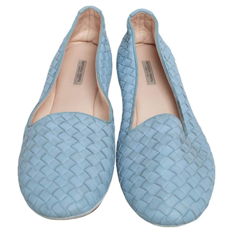 Pre Owned Bottega Veneta Blue Intrecciato Leather Smoking Flats Size 41