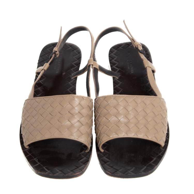 Pre Owned Bottega Veneta Beige Intreciatto Leather Calvados Slingback Flats Size 39