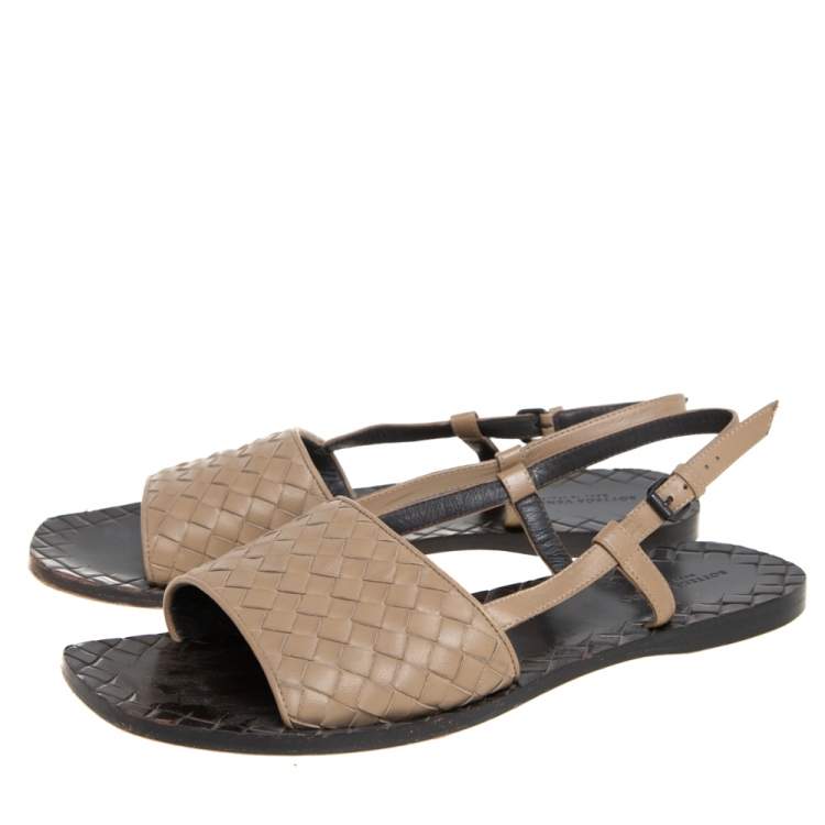 Pre Owned Bottega Veneta Beige Intreciatto Leather Calvados Slingback Flats Size 39