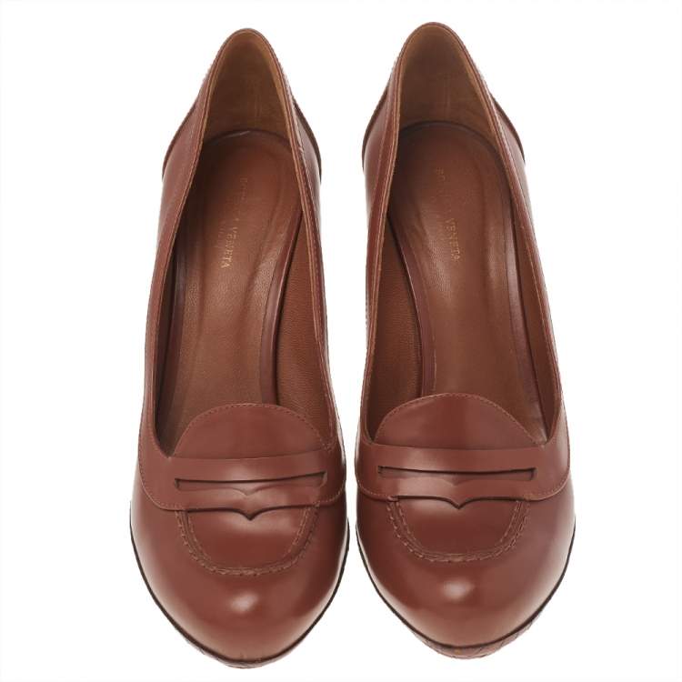 Pre Owned Bottega Veneta Brown Leather Loafer Pumps Size 39