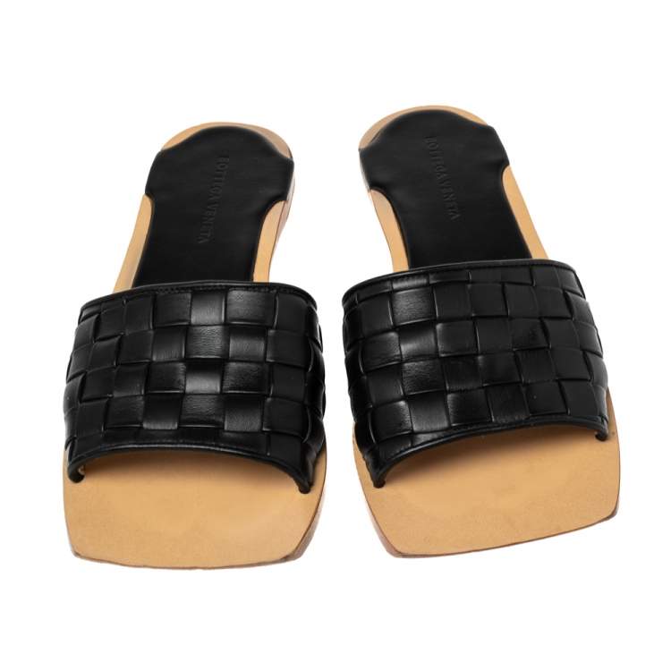 Pre Owned Bottega Veneta Black Intrecciato Leather Slide Flats Size 41.5