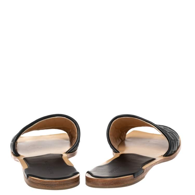 Pre Owned Bottega Veneta Black Intrecciato Leather Slide Flats Size 41.5