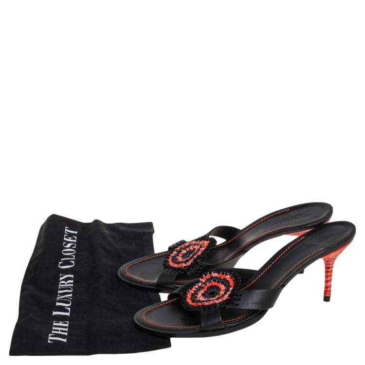 Pre Owned Bottega Veneta Tri Color Raffia And Leather  Intrecciato Open Toe Slide Sandals Size 41