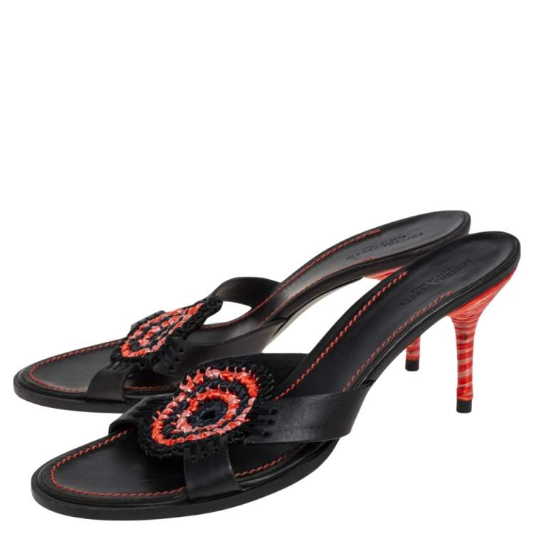 Pre Owned Bottega Veneta Tri Color Raffia And Leather  Intrecciato Open Toe Slide Sandals Size 41