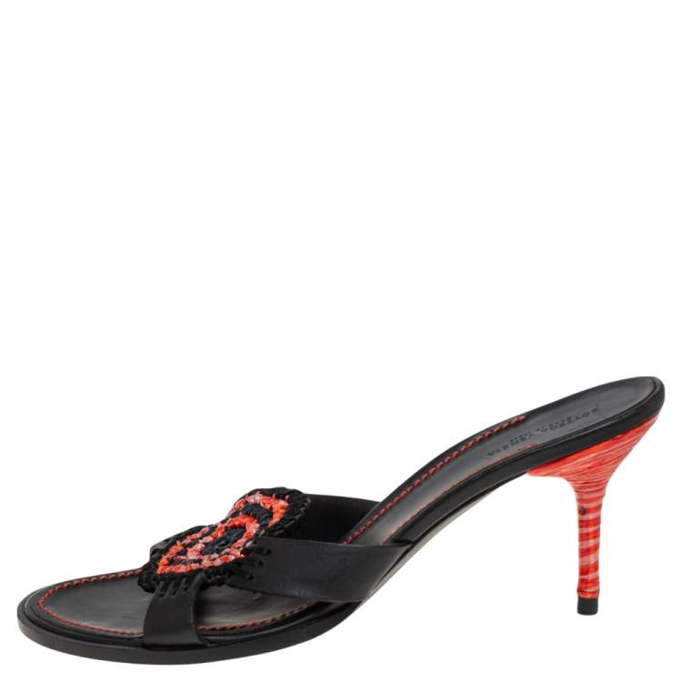 Pre Owned Bottega Veneta Tri Color Raffia And Leather  Intrecciato Open Toe Slide Sandals Size 41