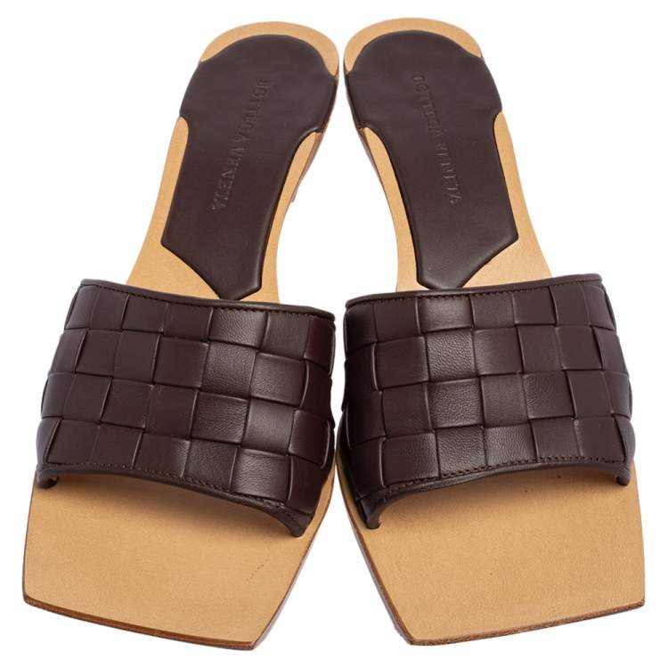 Pre Owned Bottega Veneta Brown Intrecciato Leather Slide  Sandals Size 37.5