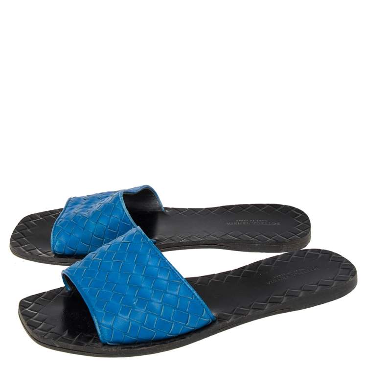 Pre Owned Bottega Veneta Blue Intrecciato Leather Flat Slides Size 38