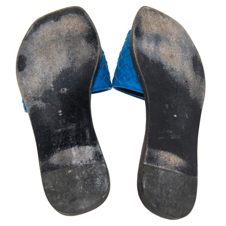 Pre Owned Bottega Veneta Blue Intrecciato Leather Flat Slides Size 38