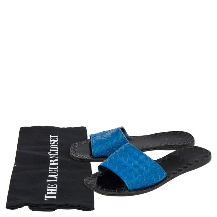 Pre Owned Bottega Veneta Blue Intrecciato Leather Flat Slides Size 38