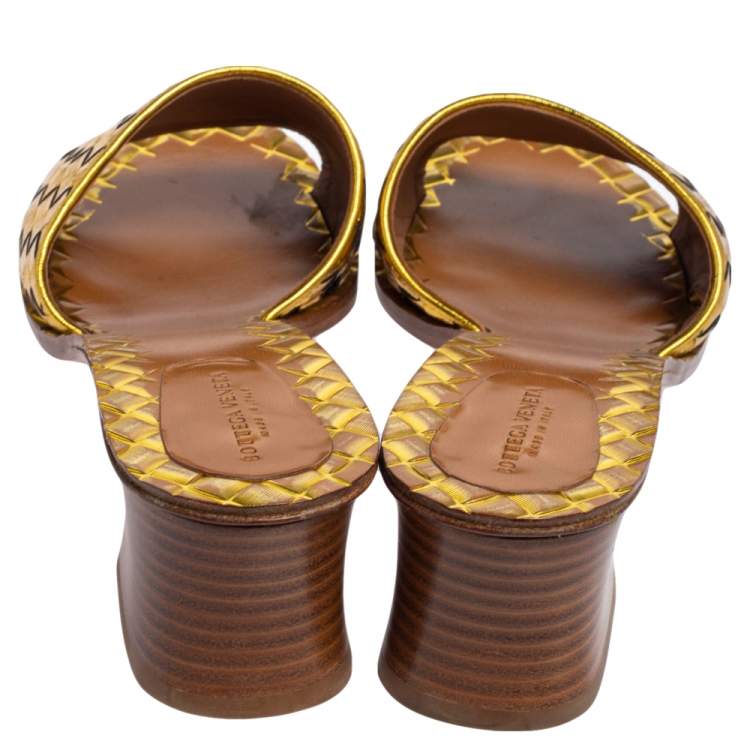 Pre Owned Bottega Veneta Gold Intrecciato Leather Ravello Slide Sandals Size 40