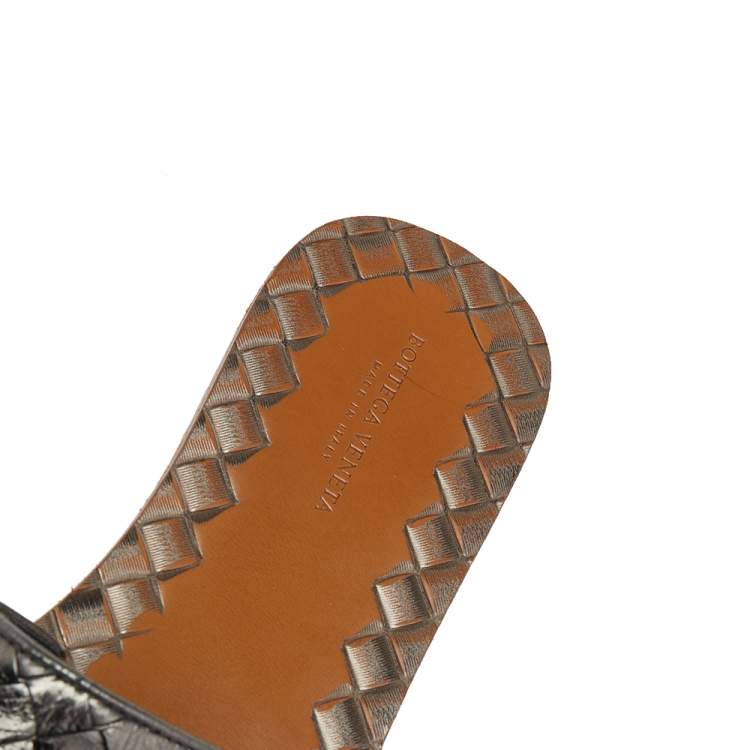 Pre Owned Bottega Veneta Metallic Intrecciato Leather Flat Slides Size 35