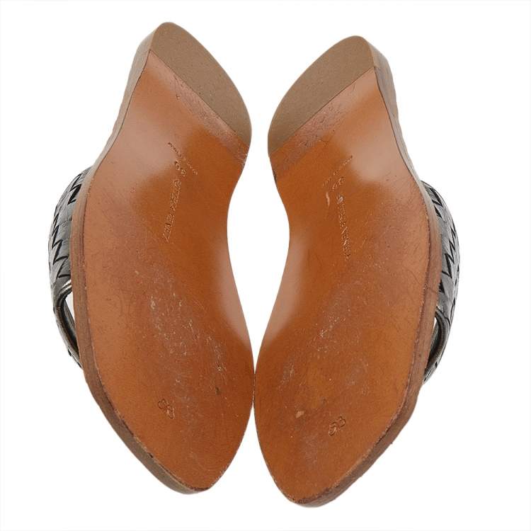 Pre Owned Bottega Veneta Metallic Intrecciato Leather Flat Slides Size 35