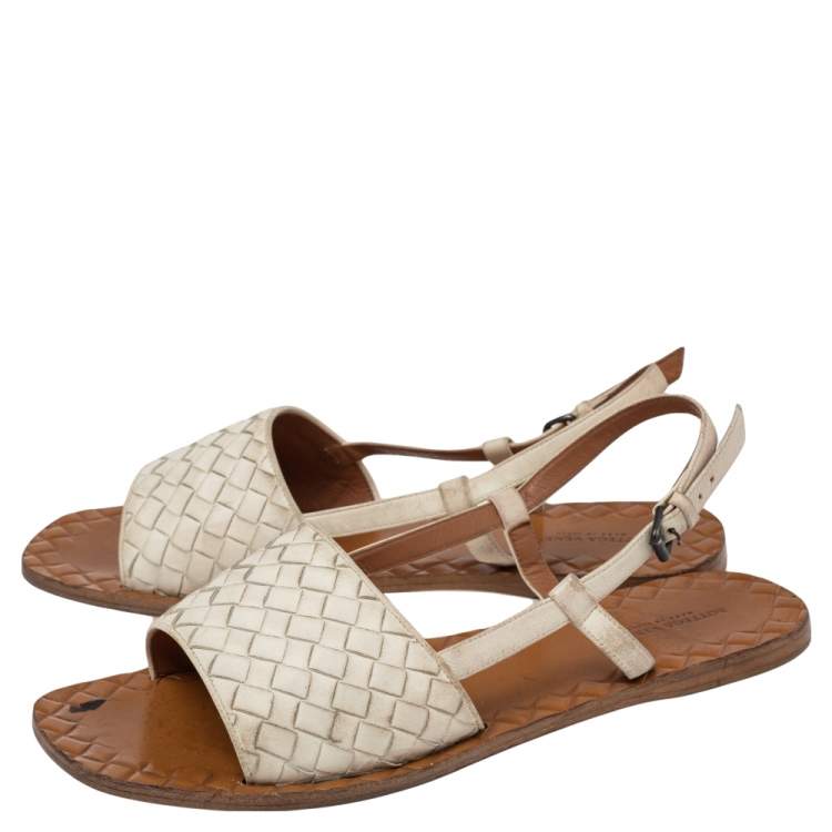 Pre Owned Bottega Veneta White Intreciatto Leather Slingback Sandals Size 38