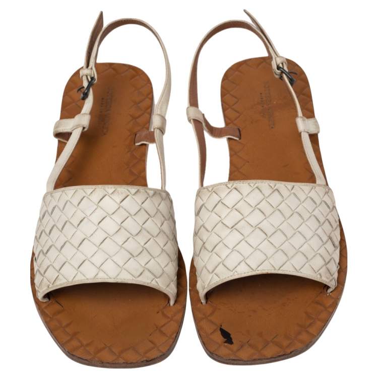 Pre Owned Bottega Veneta White Intreciatto Leather Slingback Sandals Size 38