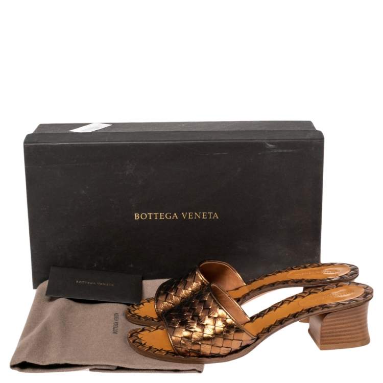 Pre Owned Bottega Veneta Metallic Brown Intrecciato Leather Ravello Slide Sandals Size 37