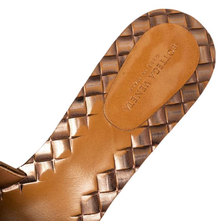 Pre Owned Bottega Veneta Metallic Brown Intrecciato Leather Ravello Slide Sandals Size 37