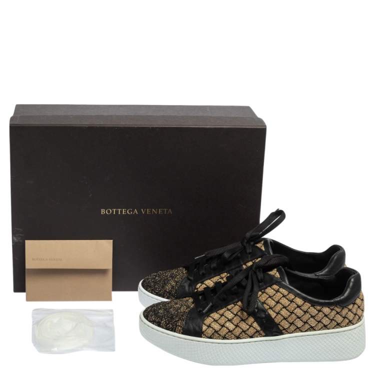 Pre Owned Bottega Veneta Black/Gold Woven Fabric and Leather Lace Low Top Sneakers Size 37