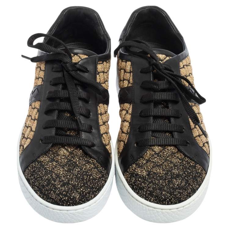 Pre Owned Bottega Veneta Black/Gold Woven Fabric and Leather Lace Low Top Sneakers Size 37
