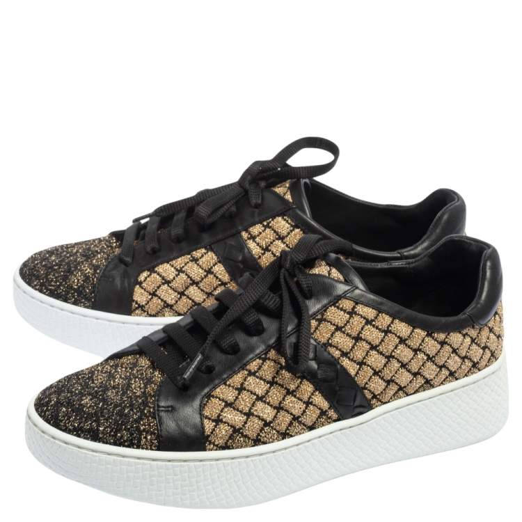 Pre Owned Bottega Veneta Black/Gold Woven Fabric and Leather Lace Low Top Sneakers Size 37