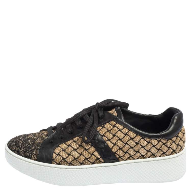 Pre Owned Bottega Veneta Black/Gold Woven Fabric and Leather Lace Low Top Sneakers Size 37