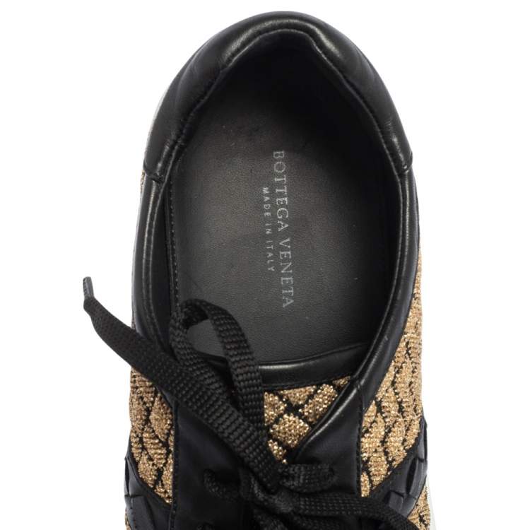 Pre Owned Bottega Veneta Black/Gold Woven Fabric and Leather Lace Low Top Sneakers Size 37
