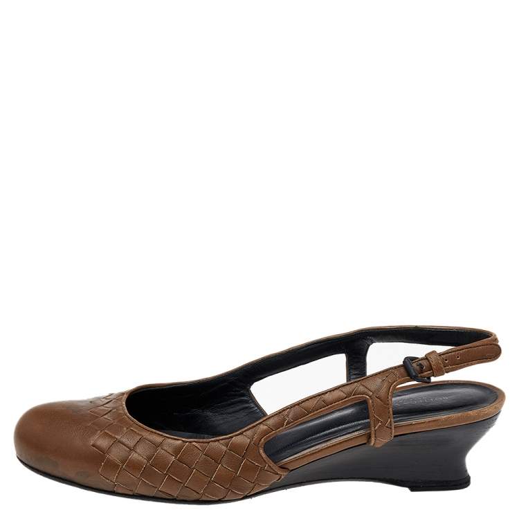 Pre Owned Bottega Veneta Brown Intrecciato Leather Slingback Sandals Size 38
