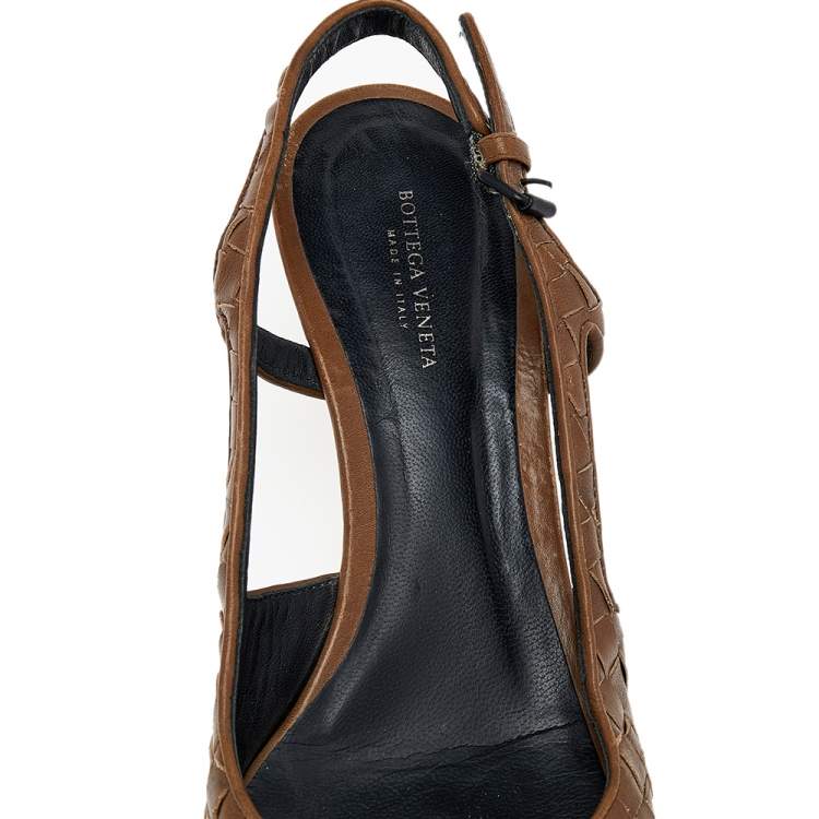 Pre Owned Bottega Veneta Brown Intrecciato Leather Slingback Sandals Size 38